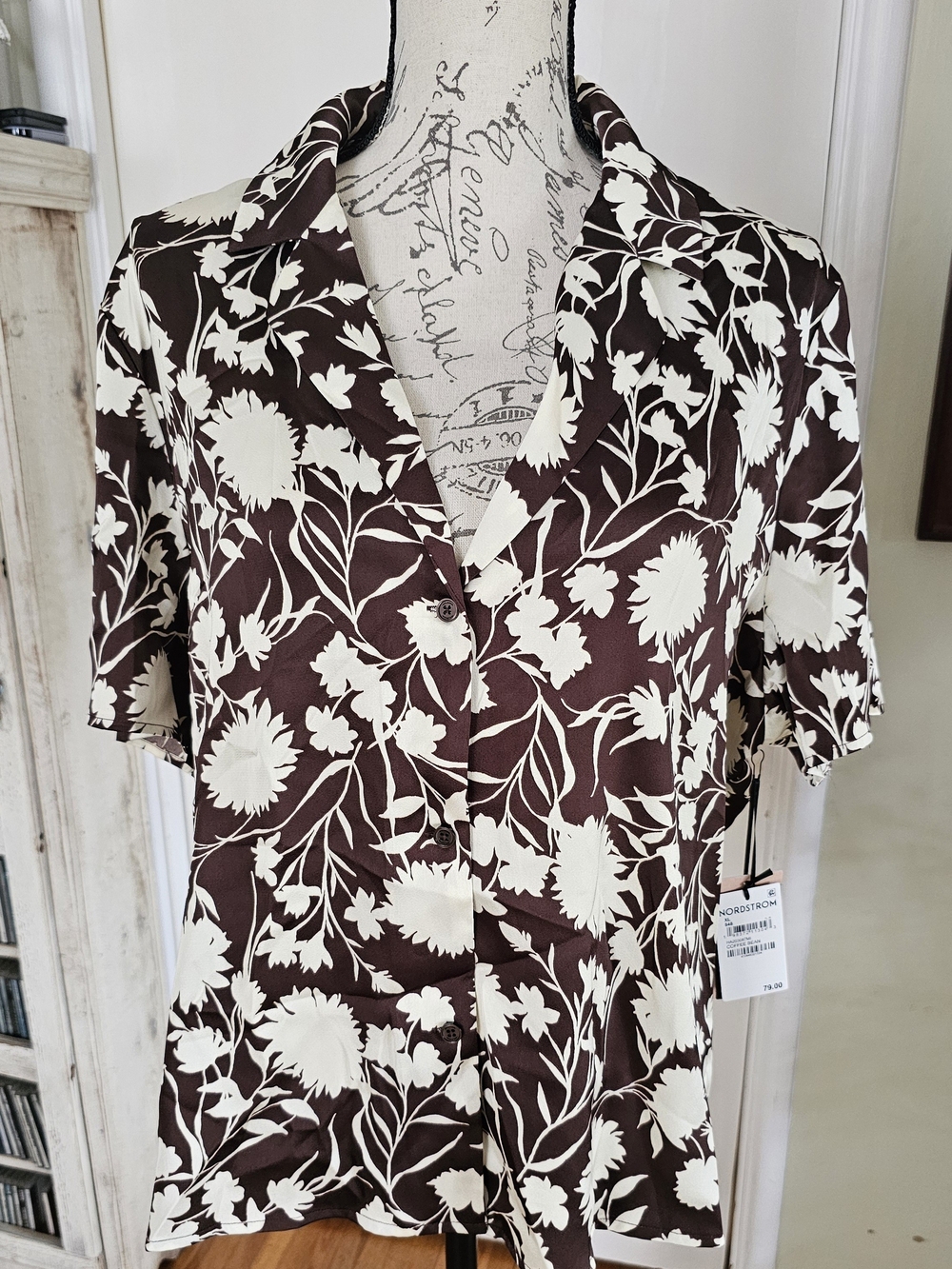 Halogen Brown and Cream Floral Button-Front Shirt